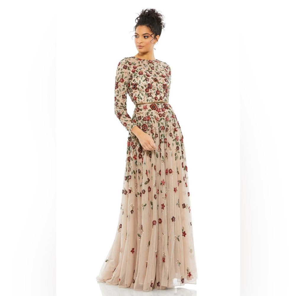 NWT $698 MAC DUGGAL Beige Embellished High Neck Long Sleeve A Line Gown DRESS - Picture 6 of 8